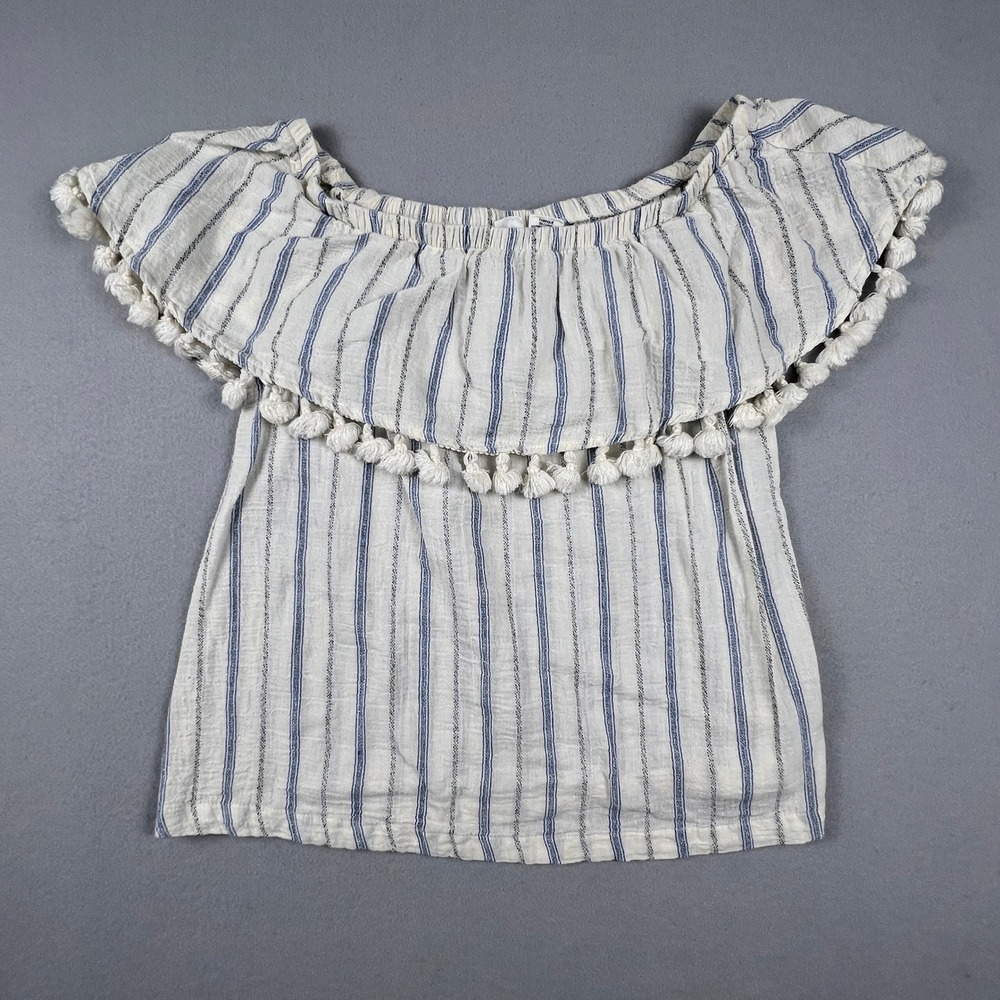 Artisan NY‎ Off Shoulder Top Womens Small White Blue Striped Pom Pom Boho Blouse